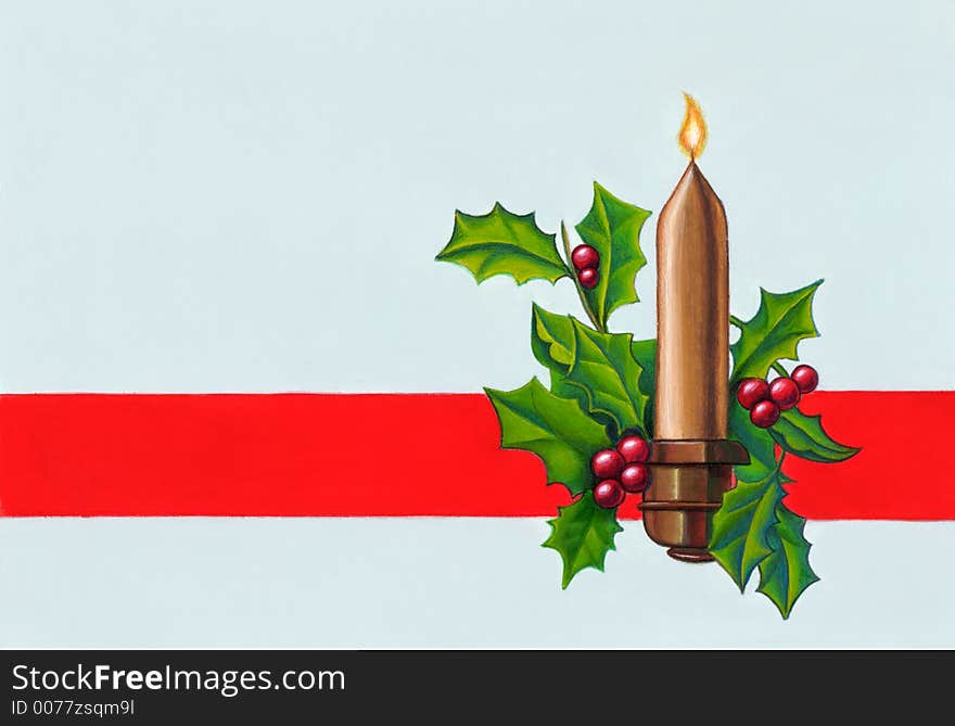 Christmas decoration with candle. Hand painted illustration.