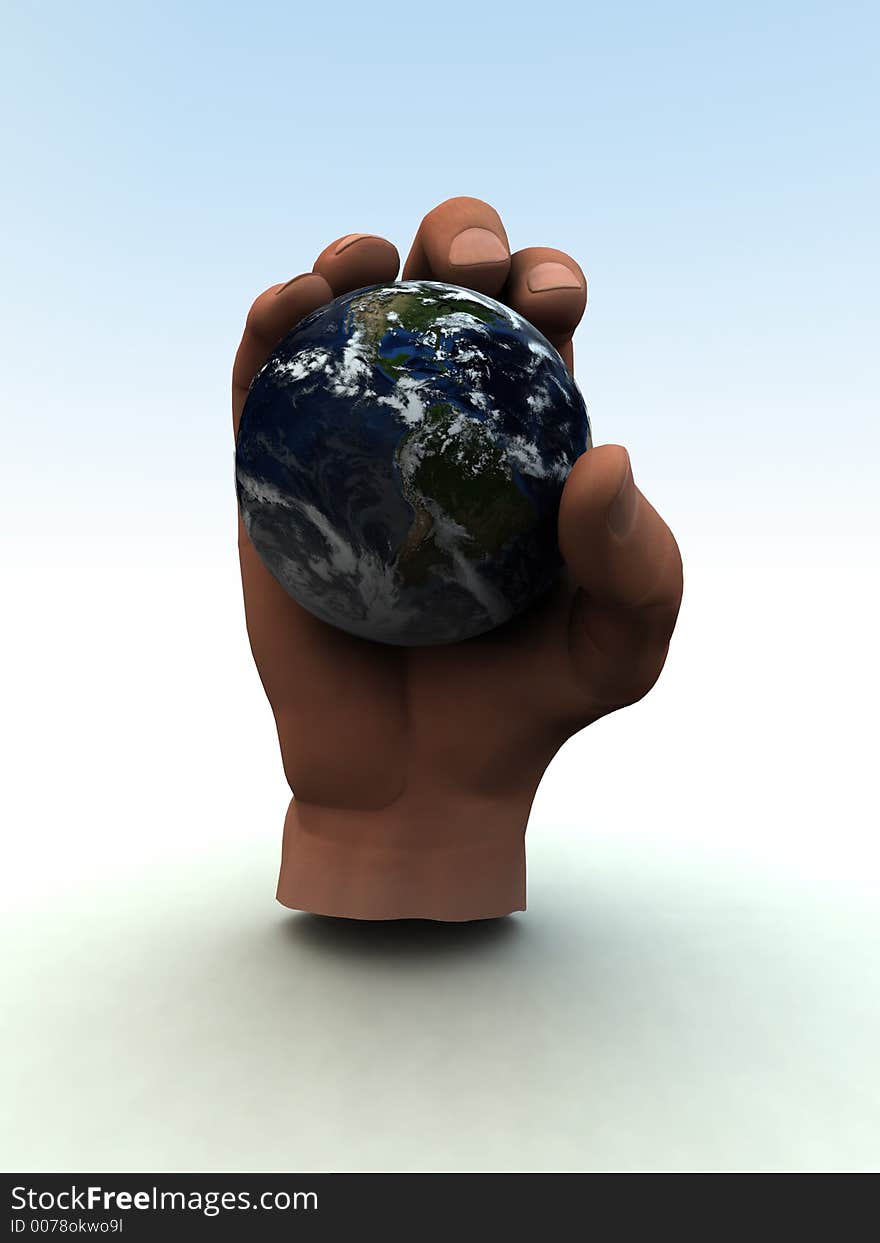 A computer created image of earth being grabbed by a power gripping hand. A computer created image of earth being grabbed by a power gripping hand.