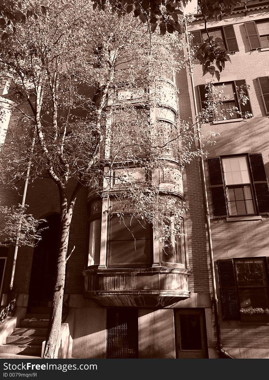 Sepia toned image of brownstone townhouses on beacon hill in boston. Sepia toned image of brownstone townhouses on beacon hill in boston