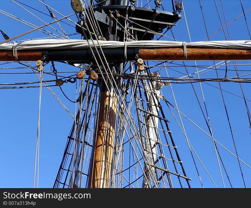 Yardarm and rigging on talship mast. Yardarm and rigging on talship mast