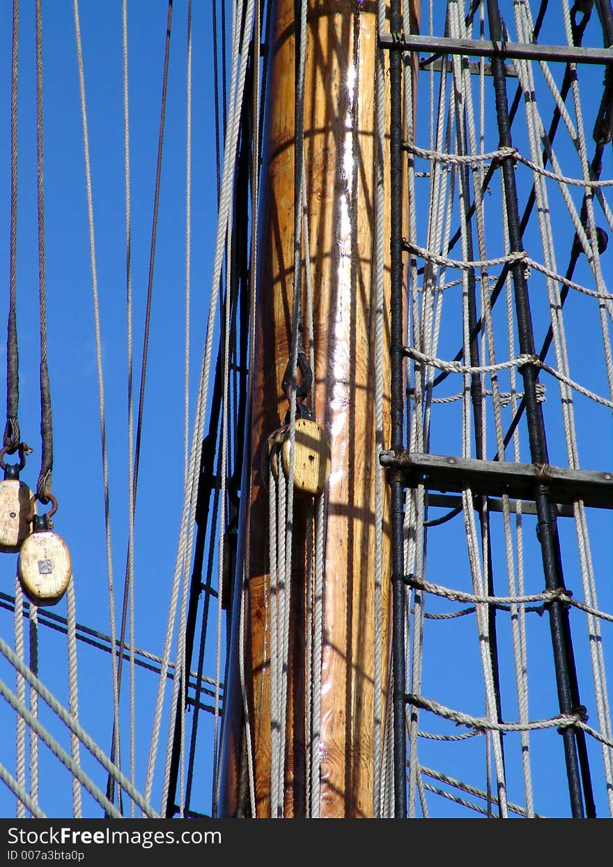 Close up of mast and rigging on sailboat. Close up of mast and rigging on sailboat