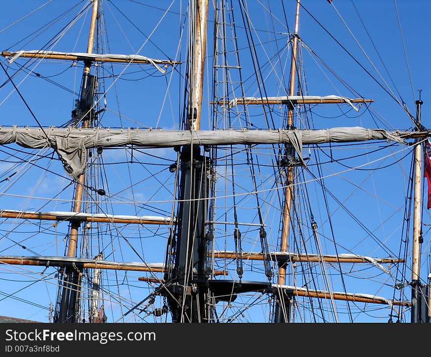 Yardarms and masts on old tallships with rigging. Yardarms and masts on old tallships with rigging