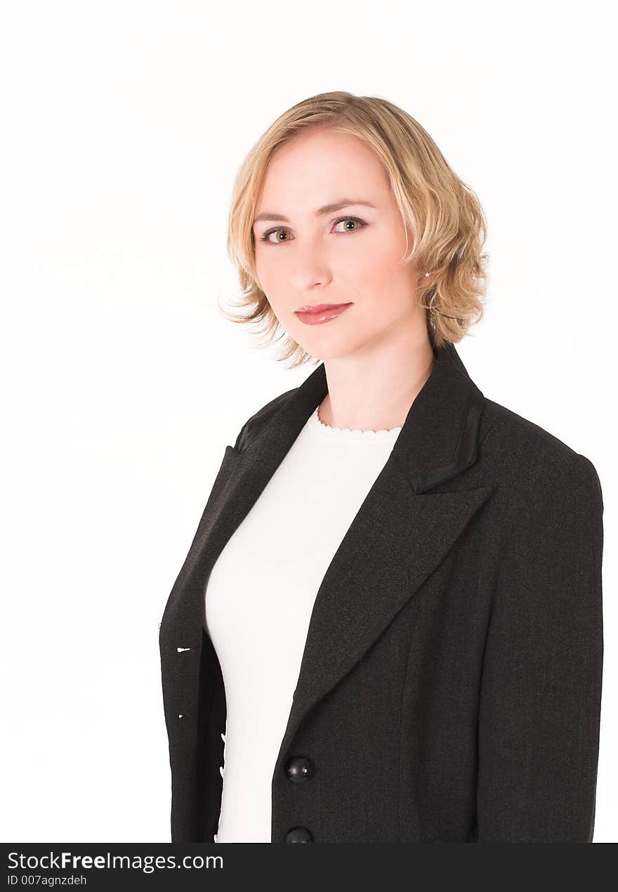 Business woman with power suit and white top