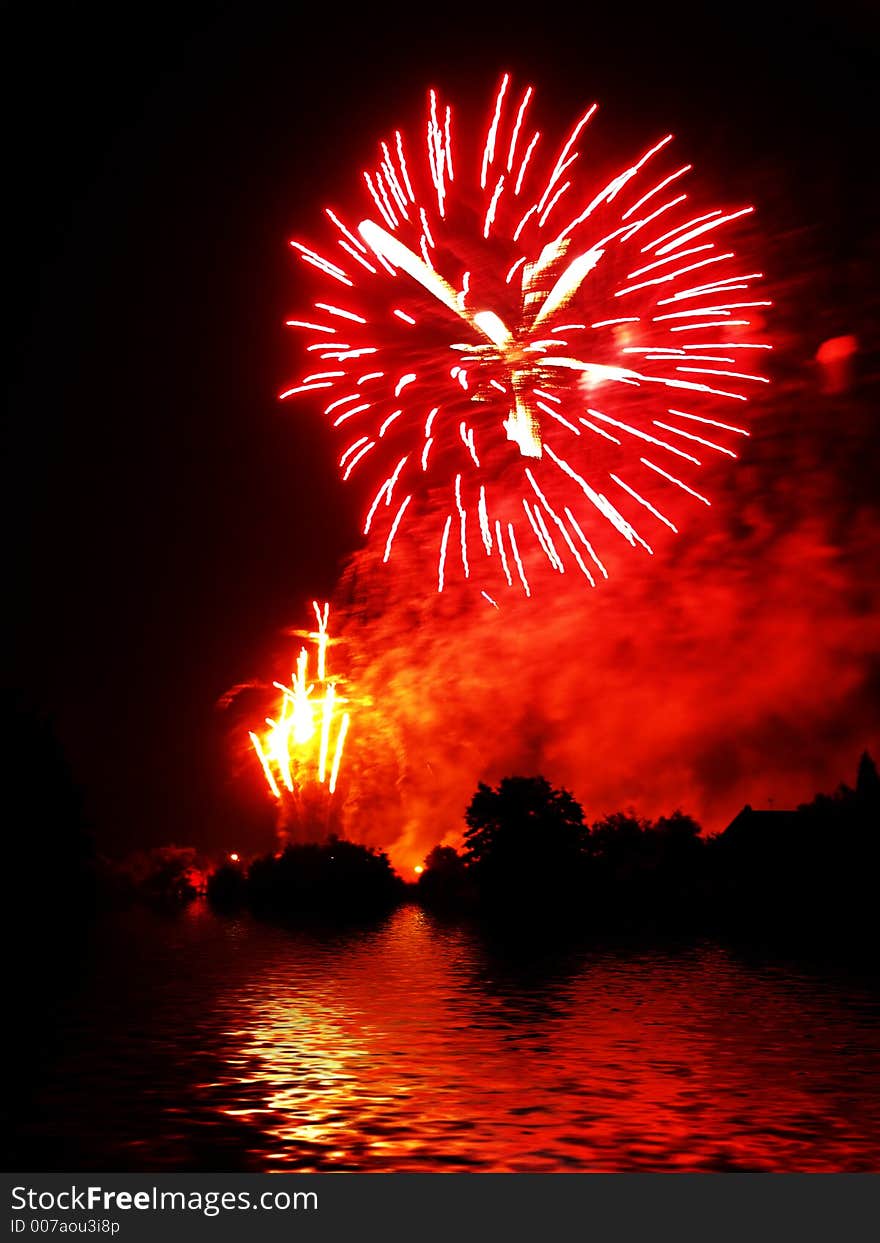 Fireworks and reflection on water