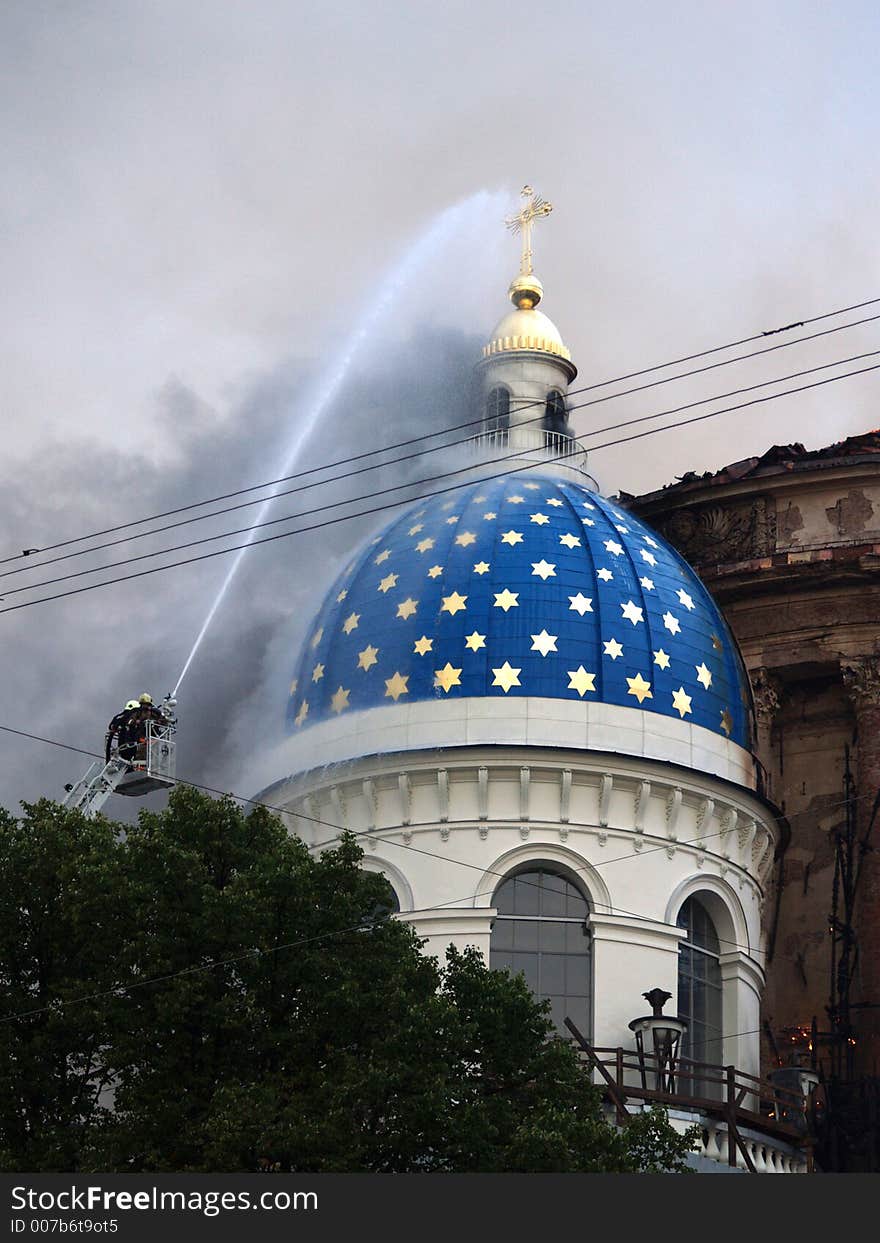 Trinity Cathedral Saint-Petersburg fire smoke disaster fireman church sky cross. Trinity Cathedral Saint-Petersburg fire smoke disaster fireman church sky cross