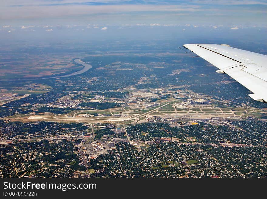 Flying over St. Louis Lambert International Airport - visible to the left are the newly completed runways. Flying over St. Louis Lambert International Airport - visible to the left are the newly completed runways.