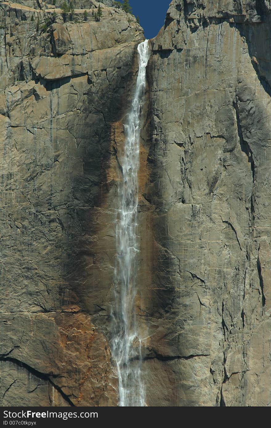 Yosemite Falls, California showing rock discoloration