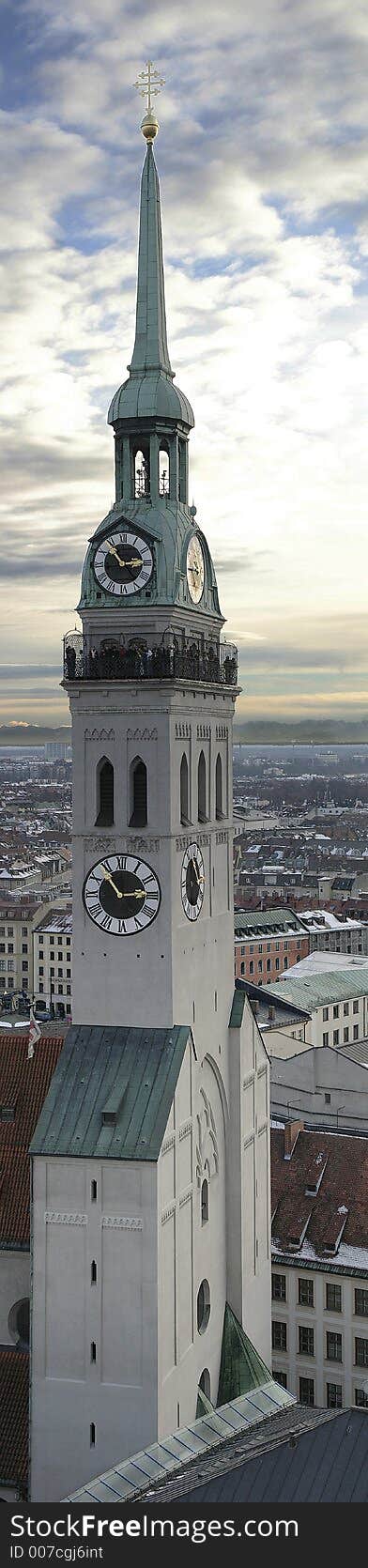 Germany, Munich. A view on Old Peter cathedral from a tower of the New Town hall.