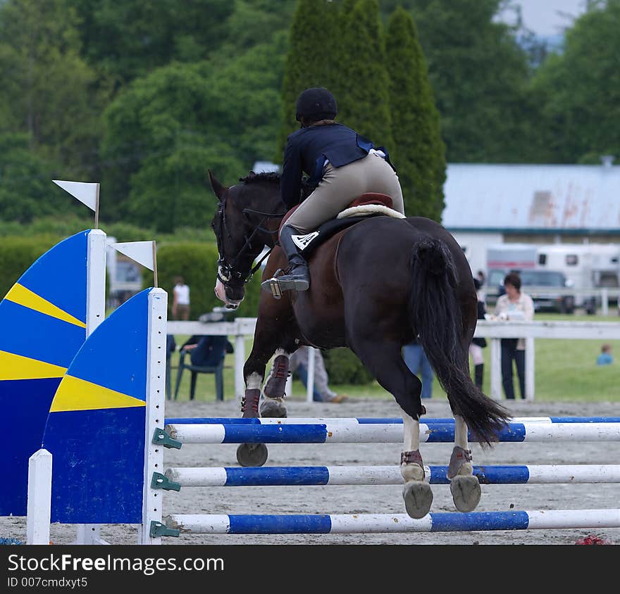 Horse and rider clearing jump in local showjumping competition