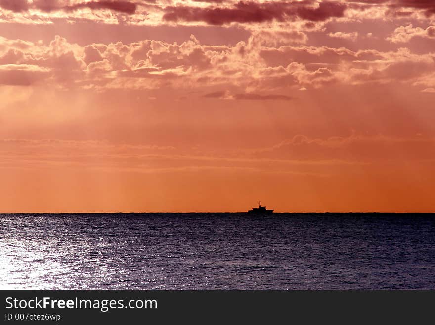 Pacific Sunrise, Small Ship Silouette On Horizon, Sydney, Australia