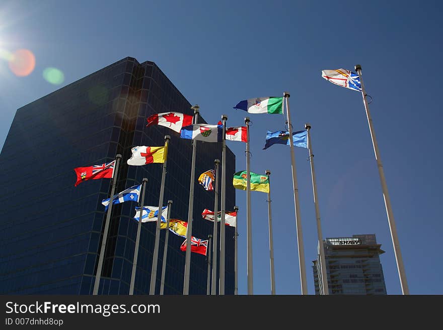 Flags with building