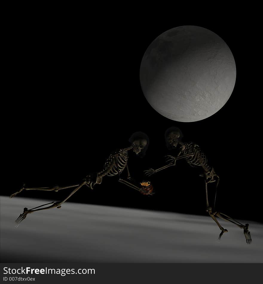 Halloween Football Series.
Two skeletons playing football with a jack o' lantern in the fog under a full moon. Halloween Football Series.
Two skeletons playing football with a jack o' lantern in the fog under a full moon.