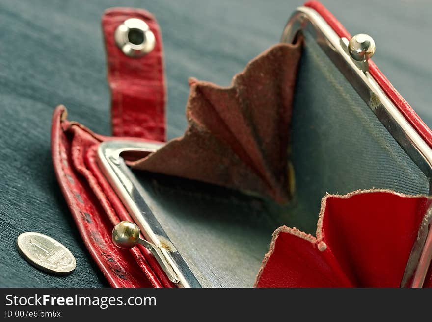 Shabby purse with last coin. Shabby purse with last coin