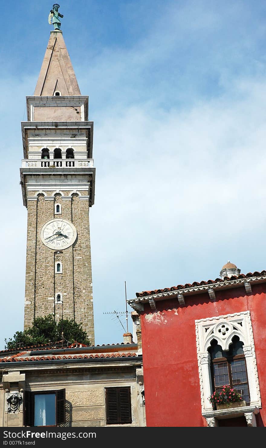 Stone tower of old church in Piran, Slovenia