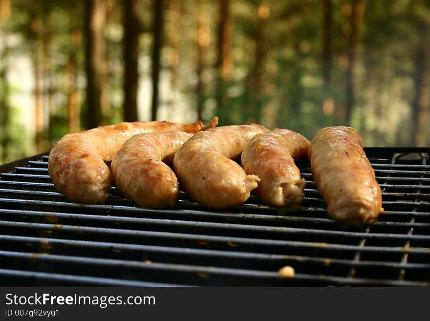 Few sausages put on a grill in forest. Few sausages put on a grill in forest