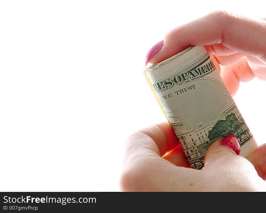 Dollars in hands isolated on white