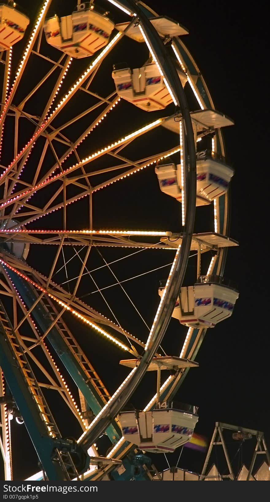 Nightime ferris wheel at rest - some motion blur on gondolas