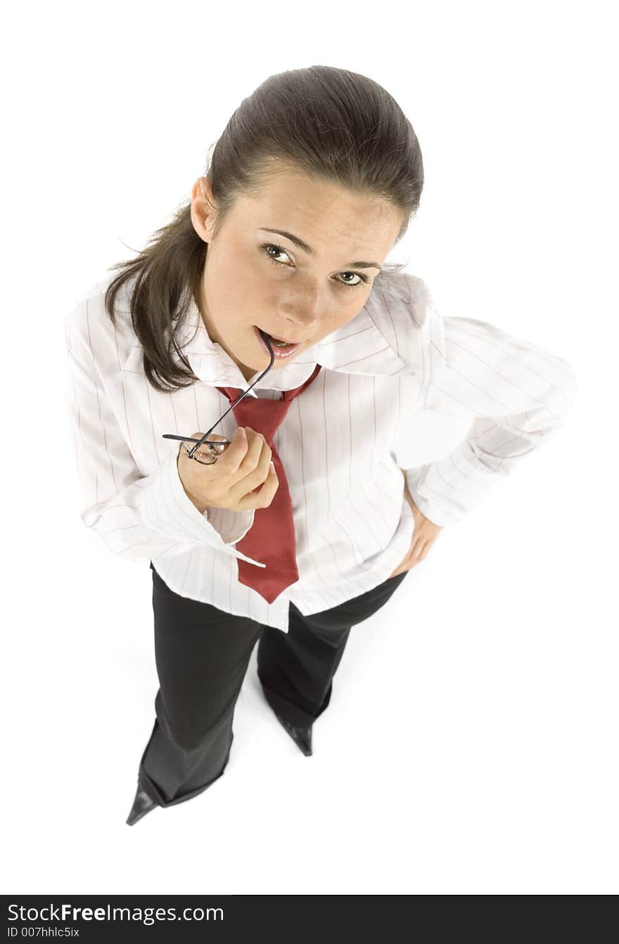 Isolated  on white background  businesswoman observes