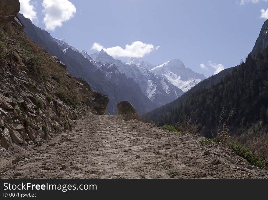 View onto valley of Bhagirathi river and path to Gomukh, which is place where Bhagirathi begins.India. View onto valley of Bhagirathi river and path to Gomukh, which is place where Bhagirathi begins.India.