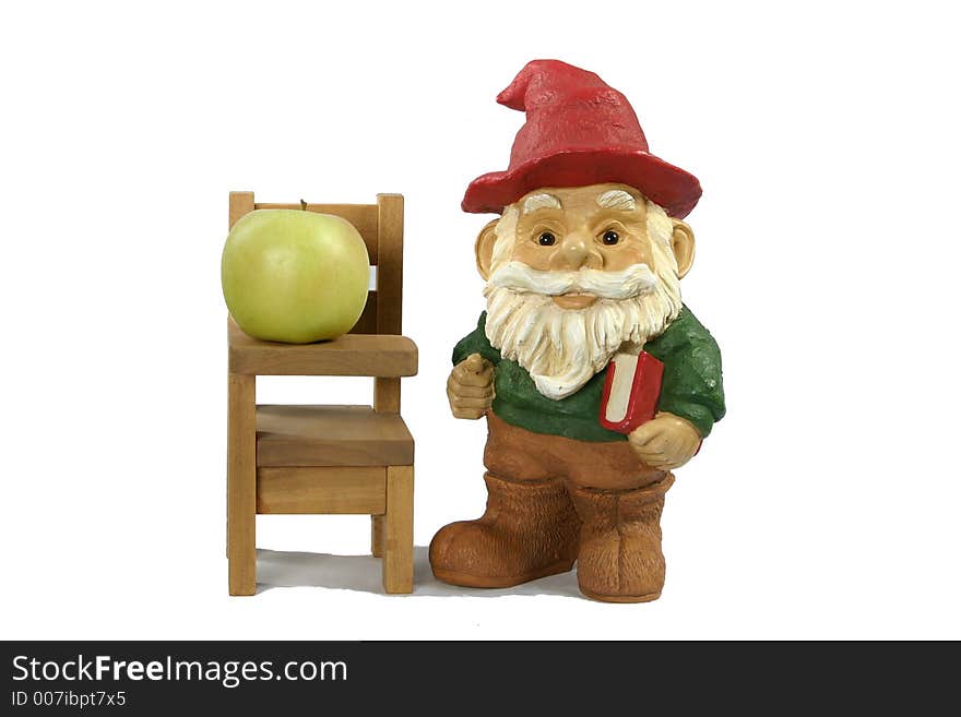 Gnome holding a book and appearing to teach or recite lesson as student. Gnome holding a book and appearing to teach or recite lesson as student