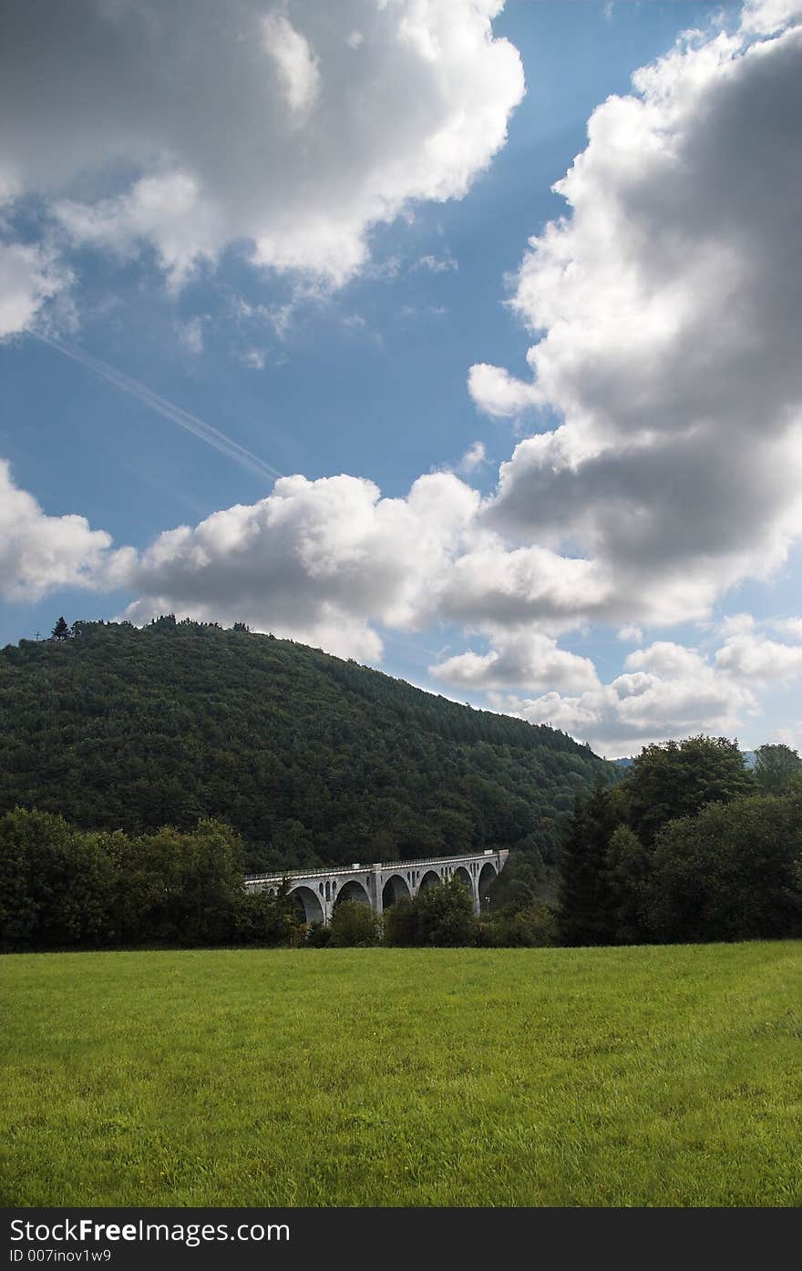 Railroad brdige in germany under a cloudy sky. Railroad brdige in germany under a cloudy sky.