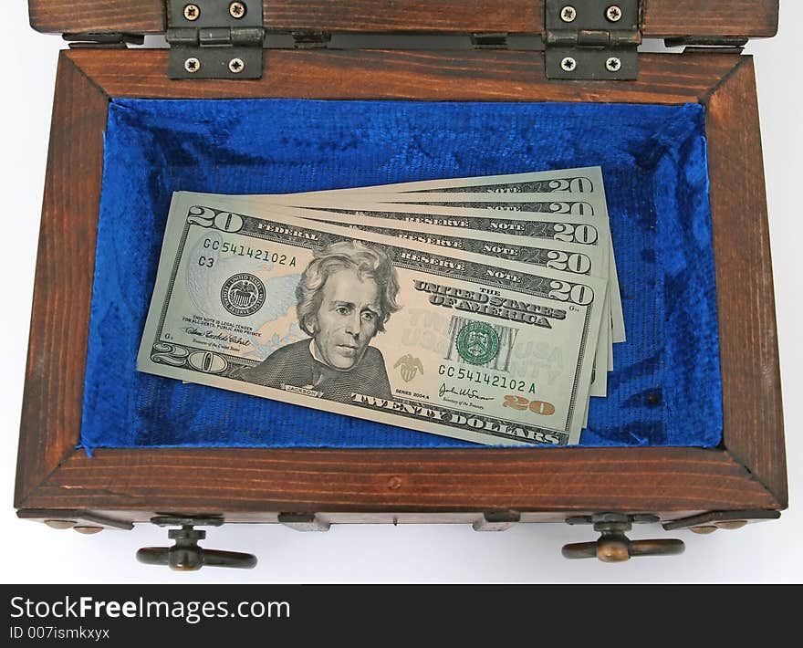 Money chest. Concept of: business, money, pirates and treasure, isolated over white, macro closeup, close-up with copy space