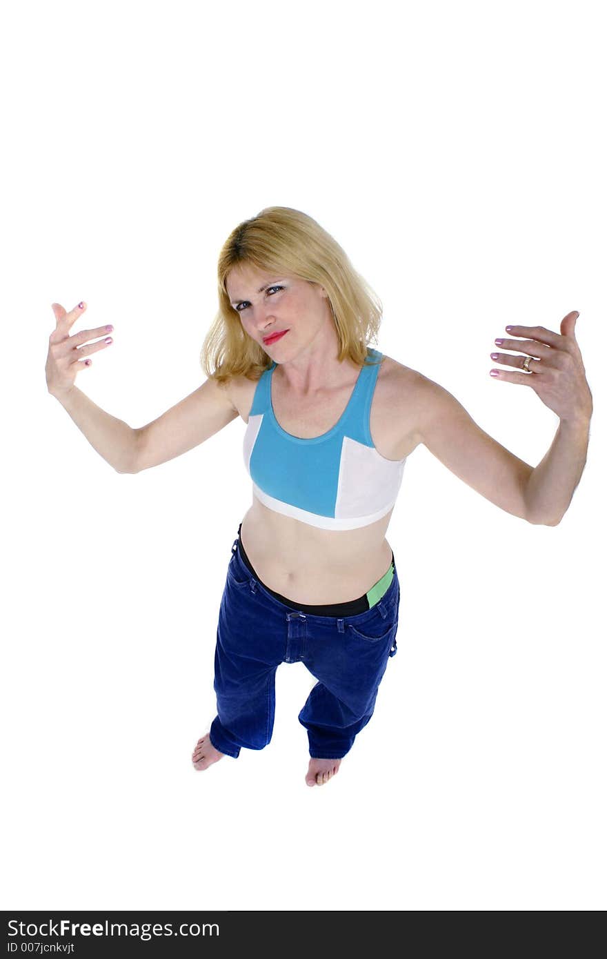 Beautiful Freshly Skinny Blonde Middle Aged Woman Excited about losing weight and inches as shown by her former pair of pants in which she immitates her teenage son. Beautiful Freshly Skinny Blonde Middle Aged Woman Excited about losing weight and inches as shown by her former pair of pants in which she immitates her teenage son.