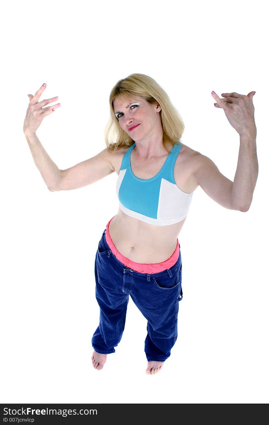 Beautiful Freshly Skinny Blonde Middle Aged Woman Excited about losing weight and inches as shown by her former pair of pants in which she immitates her teenage son. Beautiful Freshly Skinny Blonde Middle Aged Woman Excited about losing weight and inches as shown by her former pair of pants in which she immitates her teenage son.