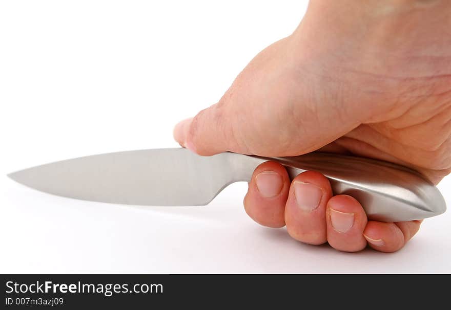 Sharp knife, isolated over white, macro closeup, close-up with copy space.