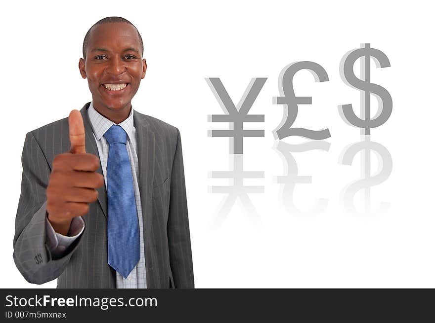 This is an image of businessman giving thumbs up, to represent an economic Yes. This image can be used to represent good shares and good currency exchange. This is an image of businessman giving thumbs up, to represent an economic Yes. This image can be used to represent good shares and good currency exchange.