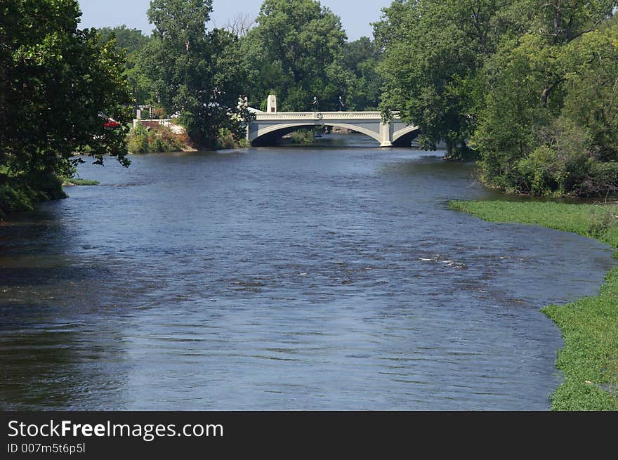 Shot of a bridge over the St. Joe river in Elkhart, Indiana. Shot of a bridge over the St. Joe river in Elkhart, Indiana.