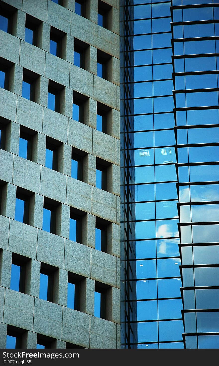 Skyscrapers with reflection. Veritcal view.