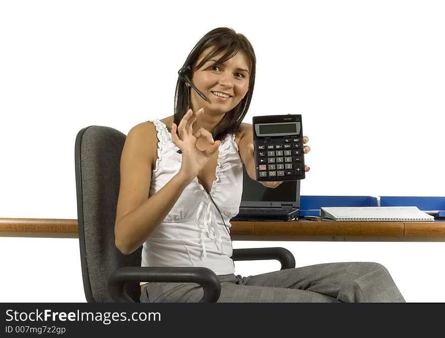 Isolated businesswoman displays calculator's screen