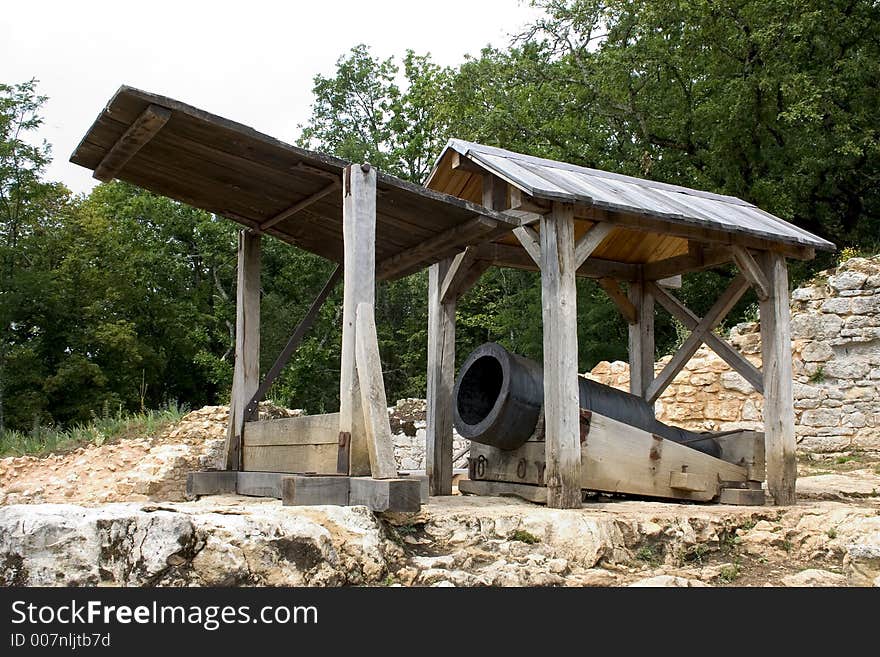 Bombard (siege weapon). Castle of Castelnaud, Dordogne (Perigord), Aquitaine, France. Bombard (siege weapon). Castle of Castelnaud, Dordogne (Perigord), Aquitaine, France