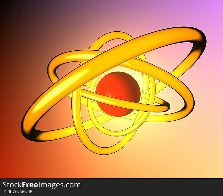 Atomic 3d particle, red ball surrounded by orange rings