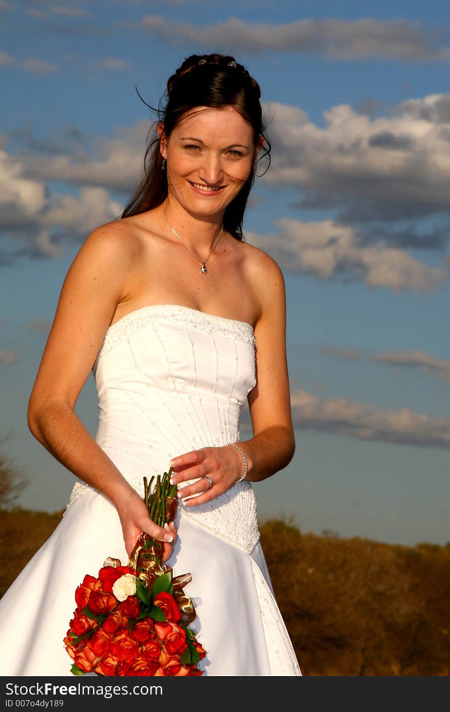 Bride standing with blue sky behind her. Bride standing with blue sky behind her