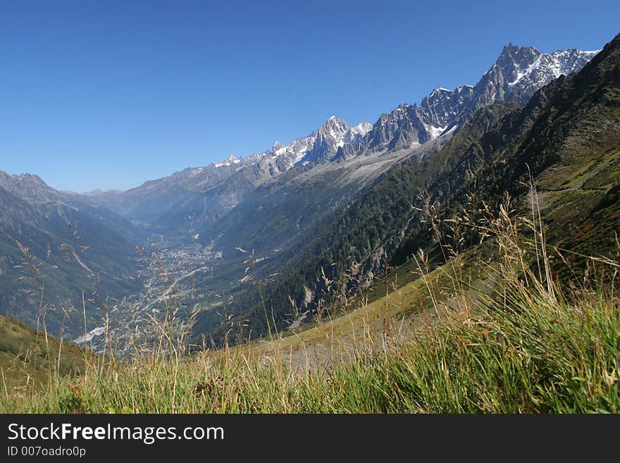 Mountain valley with town