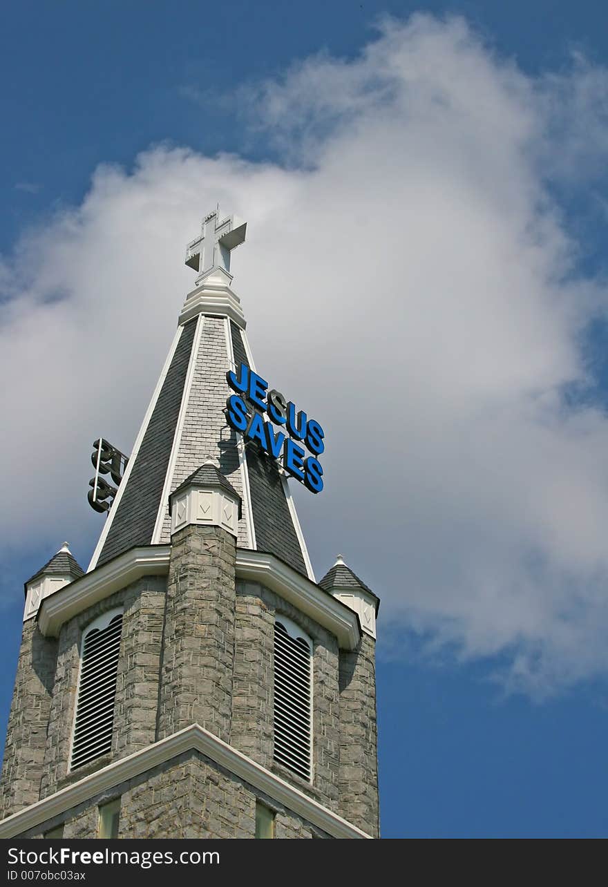 Church steeple in downtown area. Church steeple in downtown area