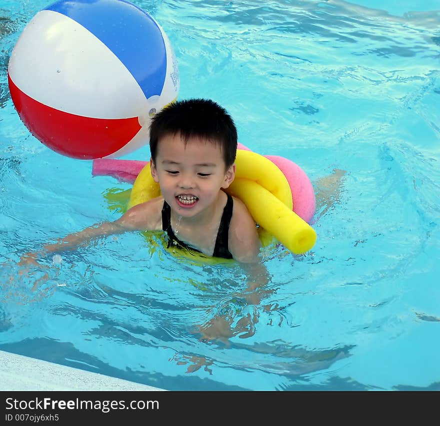 A boy is smimming in a pool