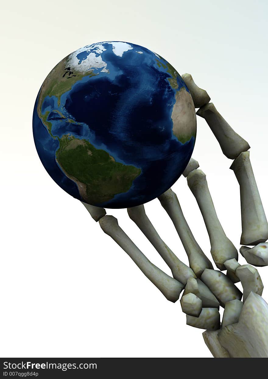 A computer created image of earth being grabbed by a skeleton hand that could represent death. A computer created image of earth being grabbed by a skeleton hand that could represent death.