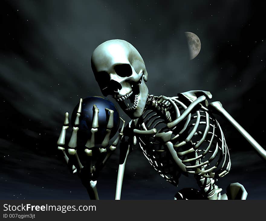 A computer created image of earth being grabbed by a skeleton could represent death. A computer created image of earth being grabbed by a skeleton could represent death.