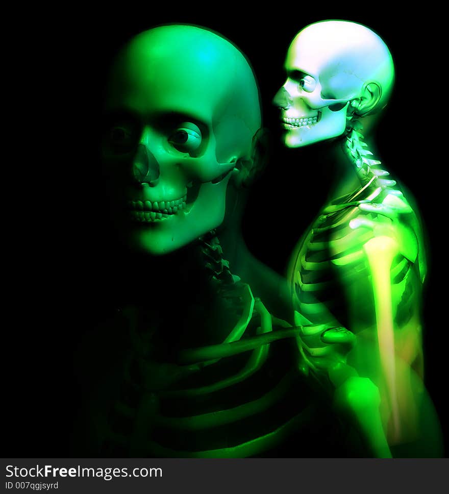 An x ray image of 2 men in which you can see the Skelton under the skin. An x ray image of 2 men in which you can see the Skelton under the skin.