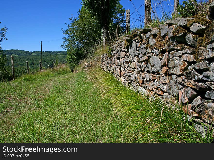 Grass pathway and stone wall