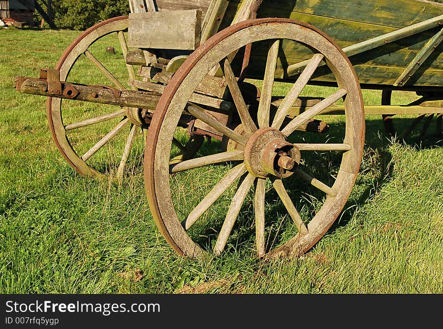 Old coach wagon wheel on a Meadow