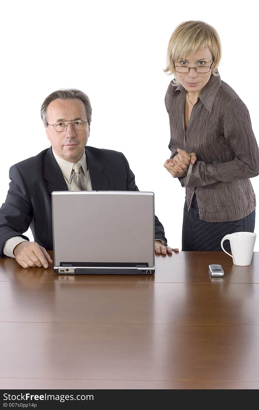 Businesspeople at the wood desk. Businesspeople at the wood desk