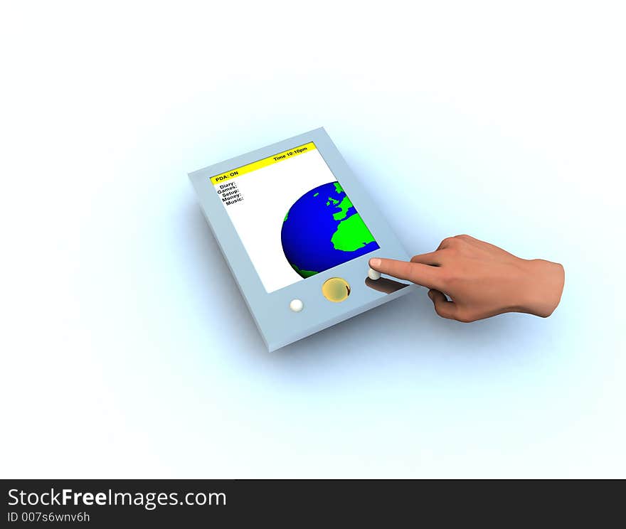 A computer created image of a PDA. with a hand pressing a button. A computer created image of a PDA. with a hand pressing a button.