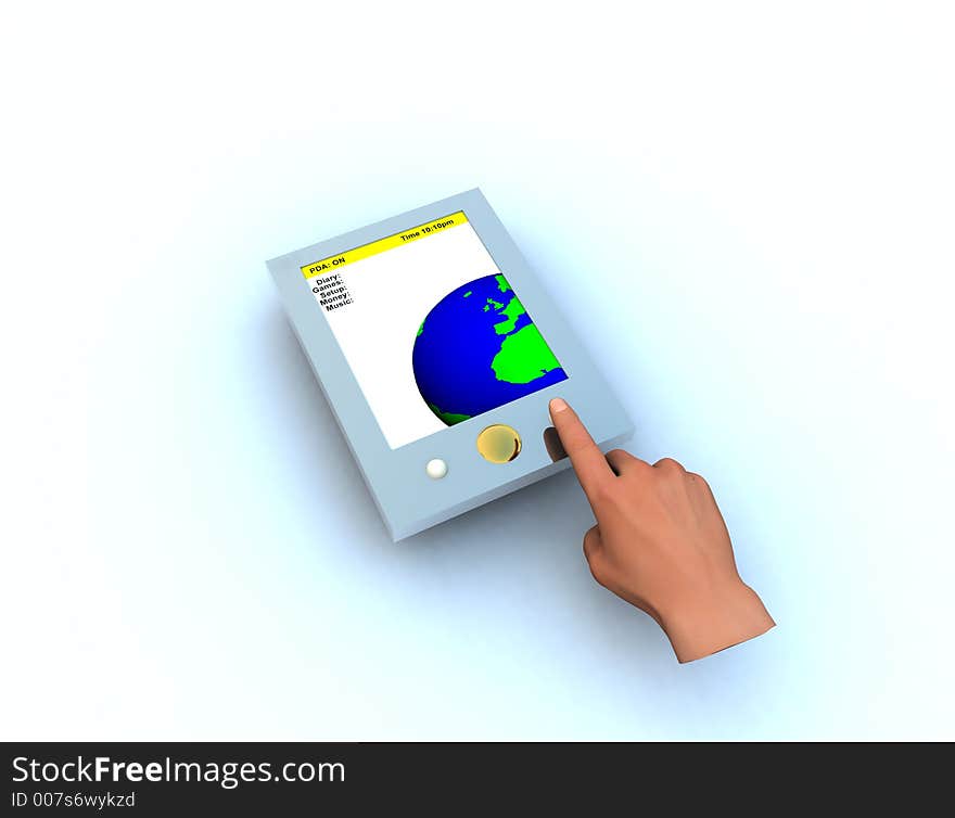 A computer created image of a PDA. with a hand pressing a button. A computer created image of a PDA. with a hand pressing a button.