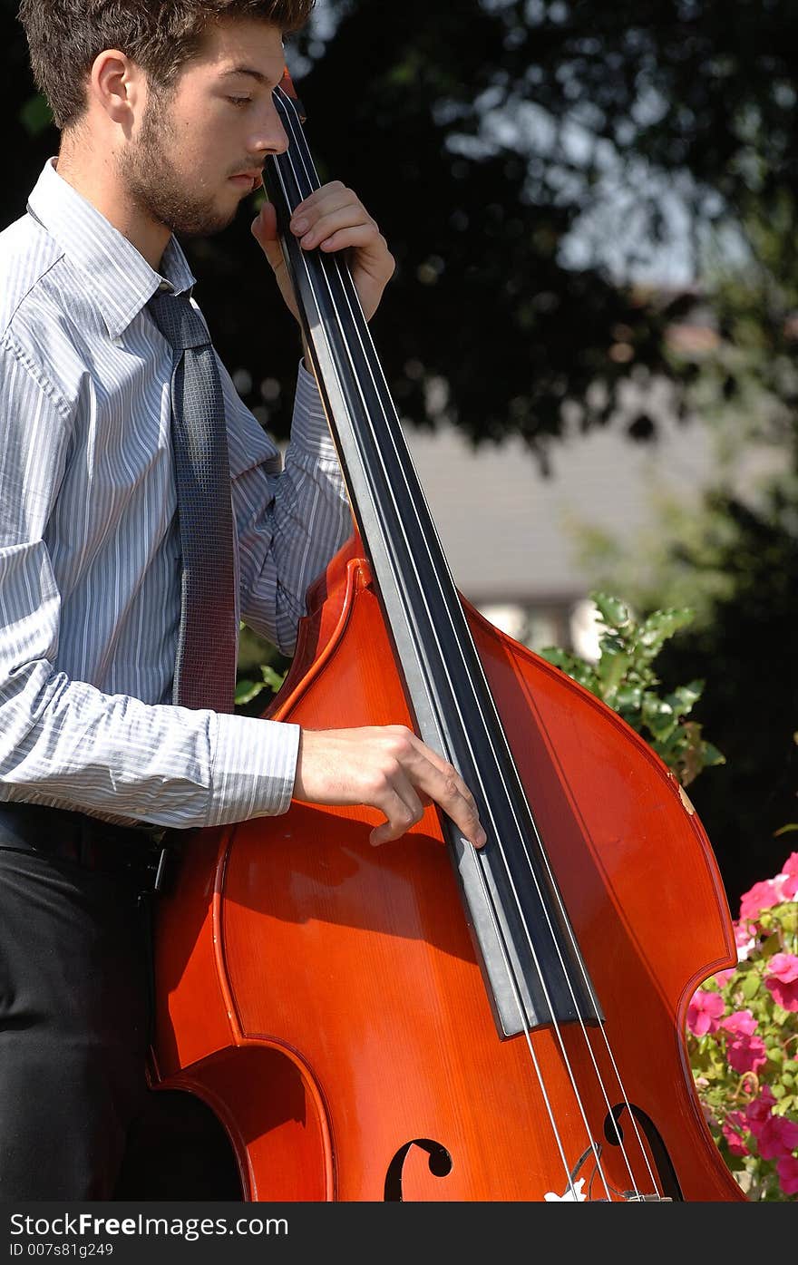 A man playing the double bass. A man playing the double bass