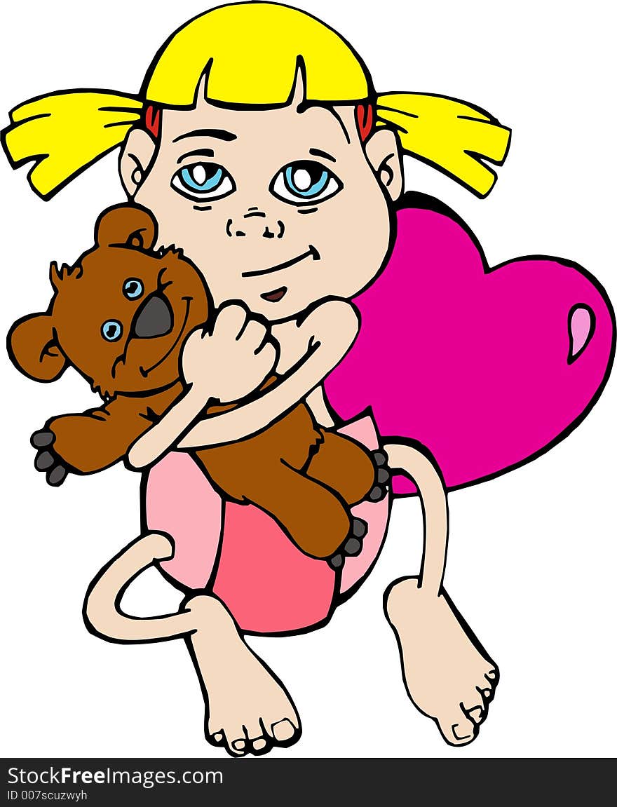 Drawing of a lovely girl hugging her teddy bear, with a big pink heart besides her. Cartoon style. Drawing of a lovely girl hugging her teddy bear, with a big pink heart besides her. Cartoon style.