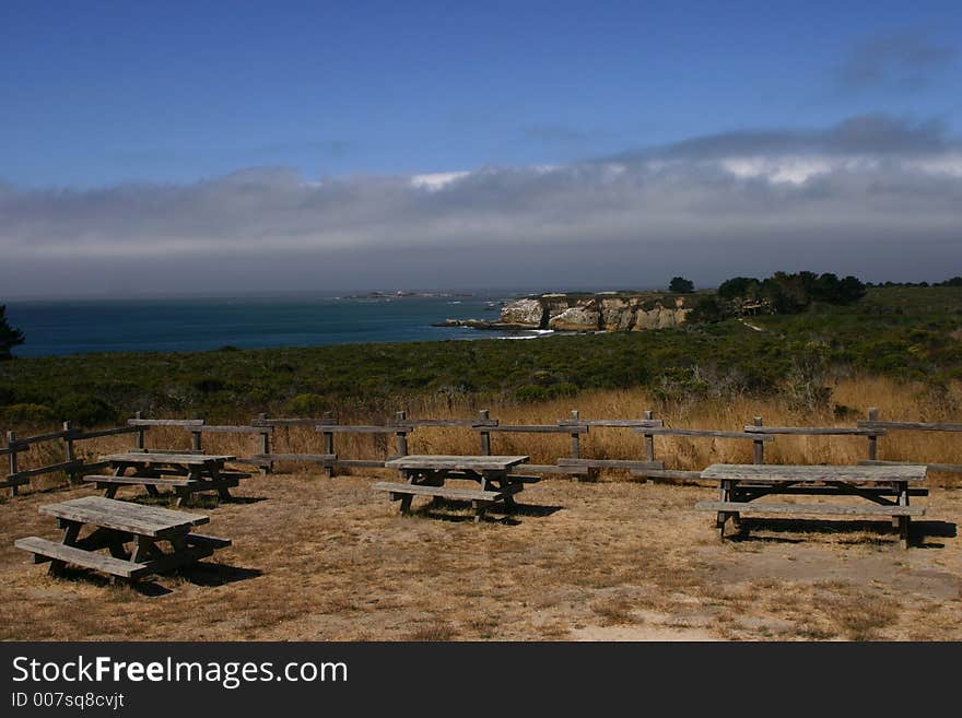 California coast line with picnic area in the foreground